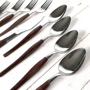 Vintage Mid Century Stainless Steel Faux Wood Handle Flatware Japan Lot of 9
